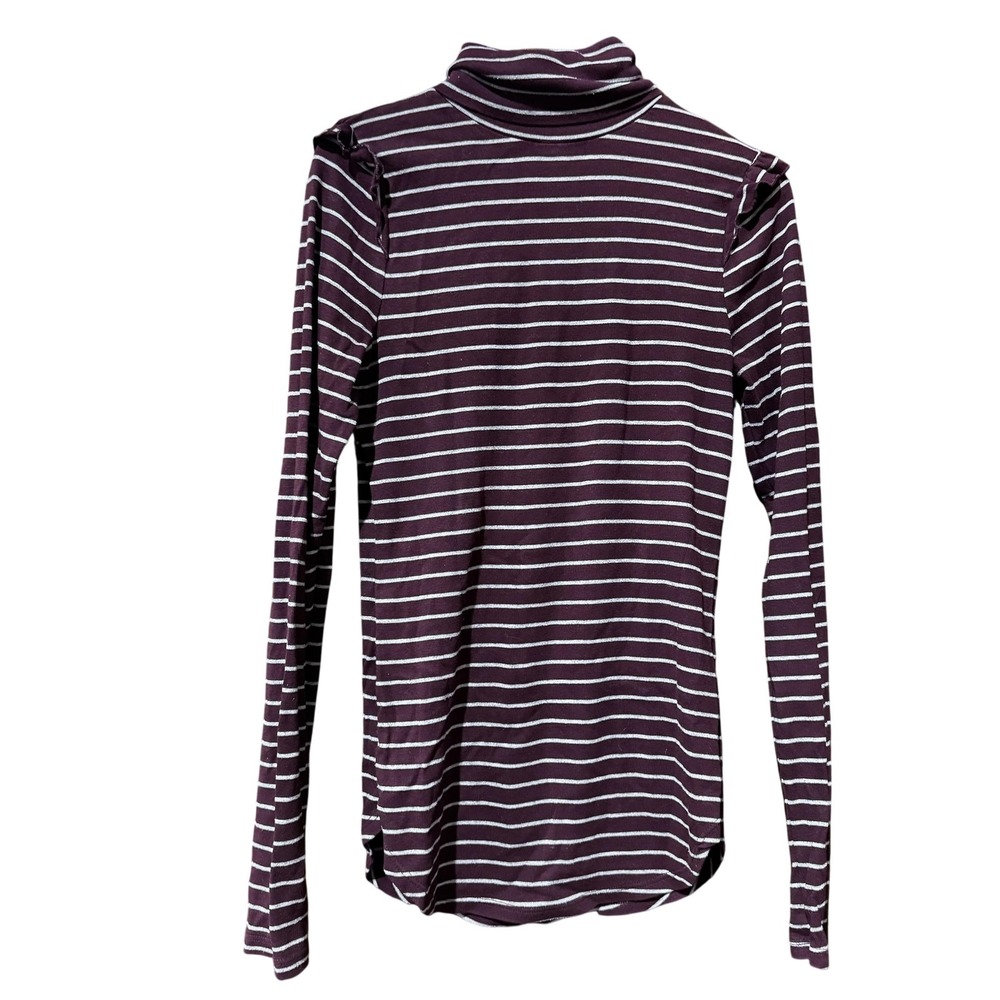 Three Dots Turtleneck Shirt Womens Small Burgundy White Striped Long Sleeve‎ USA